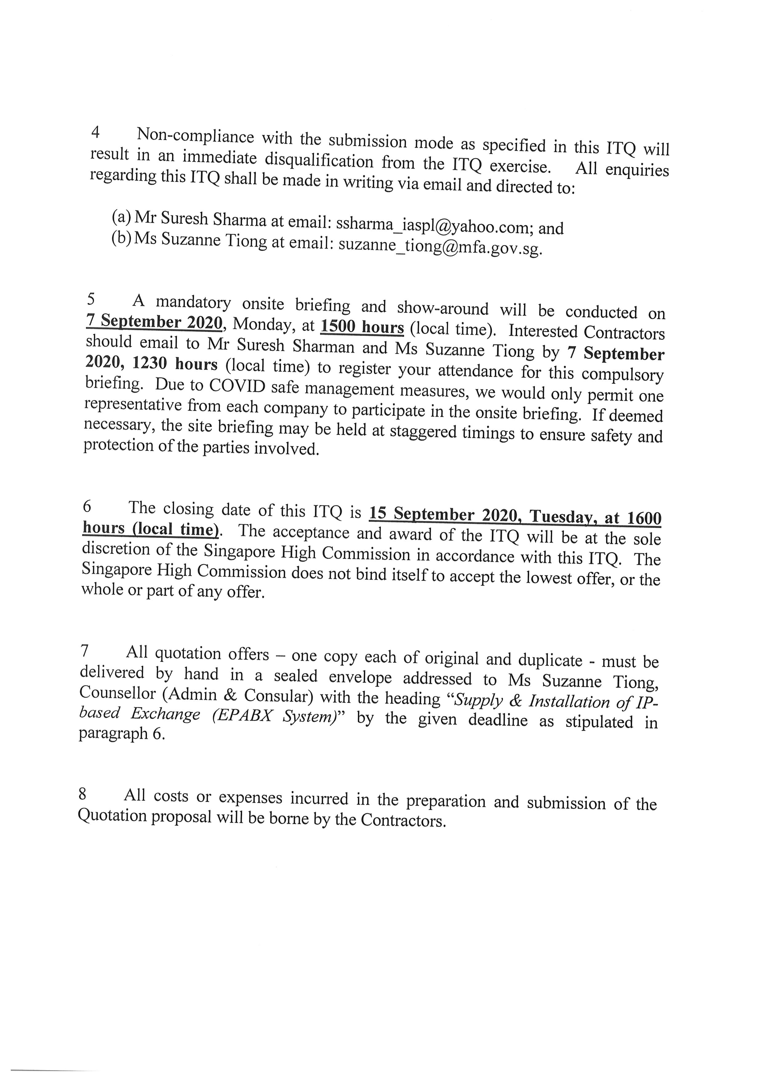 Document with text about ITQ non-compliance, briefings, closing dates, and quotation offers.